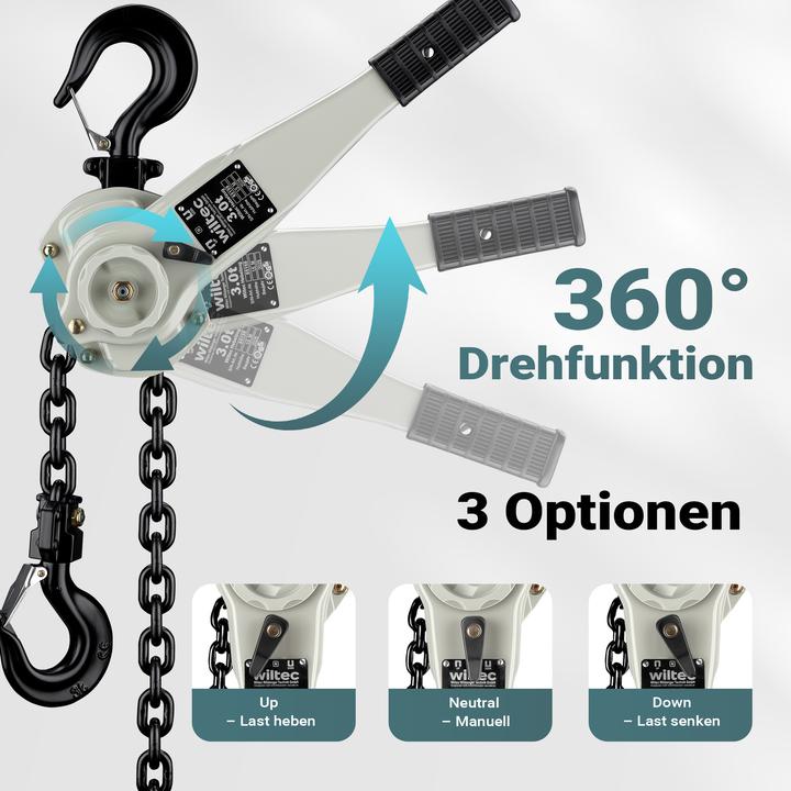 Produktbild Wiltec Hebelzug 3t x 1,5m Hebezeug 360° Griff Kettenzug Flaschenzug Tragmittel