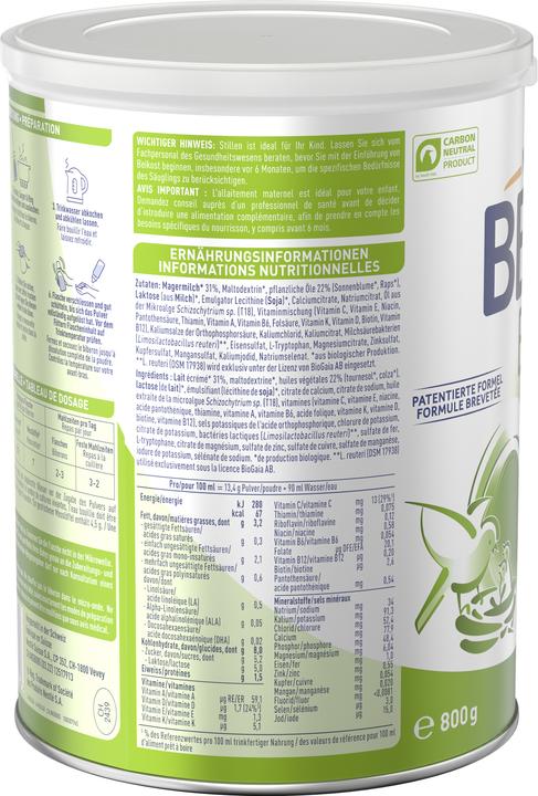 Nutritional values and ingredients Beba Bio 12+ après 12 mois (800 g, from 12 m.)