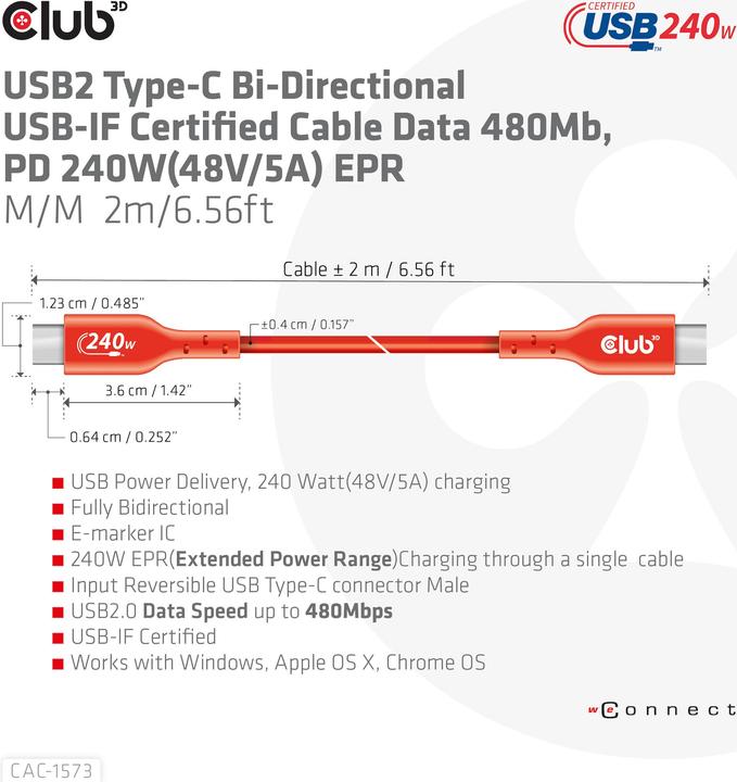 Actual product image Club 3D Club3D Cable USB 2 Type C PD / St/St (2 m, USB 2.0, 240 W)