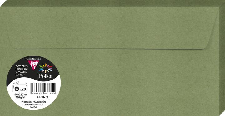 Produktbild Clairefontaine Packung mit 20 Umschlägen Pollen DL 110x220 120g/m2 - Salbeigrün (110 x 220 mm, dl, 20x)