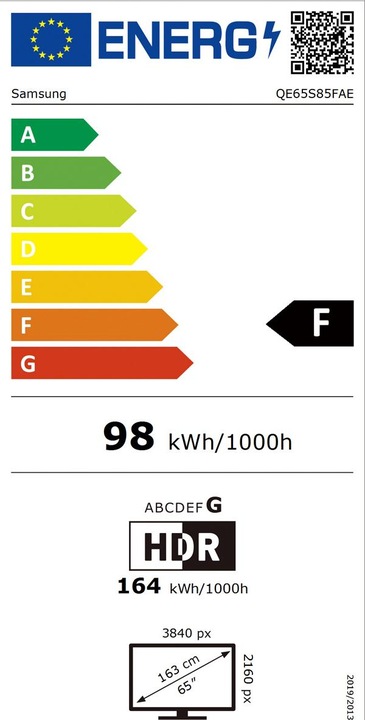Etichetta energetica Samsung QE65S85F (65", S85F, OLED, 4K, 2025)
