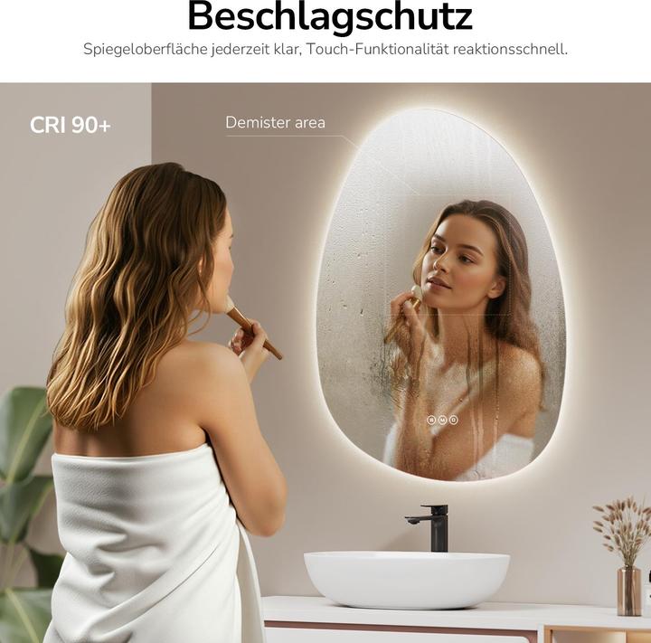 Actual product image Emke Asymmetrical bathroom mirror 75 x 55 cm with lighting, dimmable, 3 light colours, touch switch (55 x 75 cm)