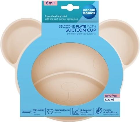 Canpol Dreiteiliger Silikonteller mit Saugnapf, Teddybär 51/401 creme, 6m+