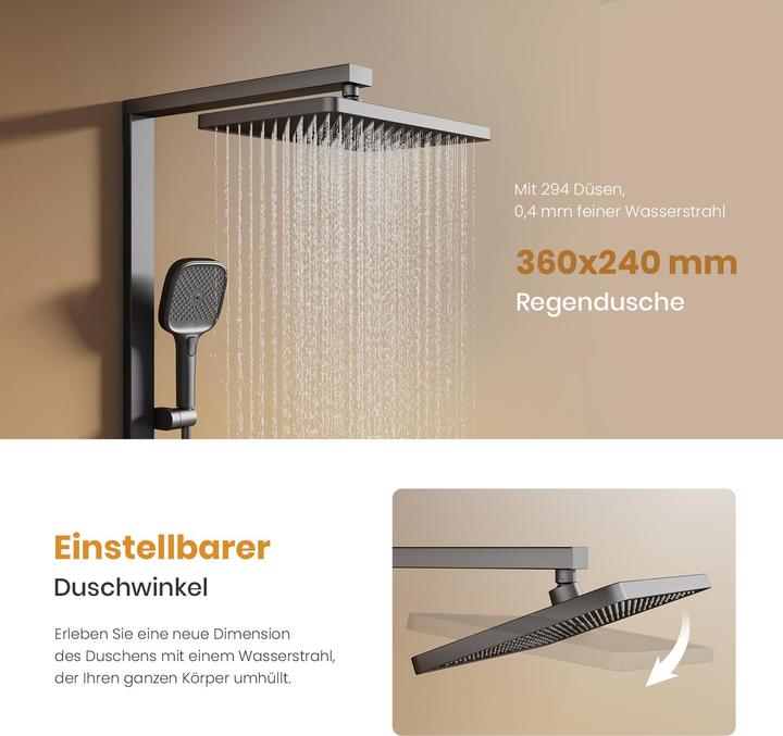 Actual product image Emke Shower system with thermostat Anthracite Matt Adjustable flow rate 4-jet hand shower incl. shower