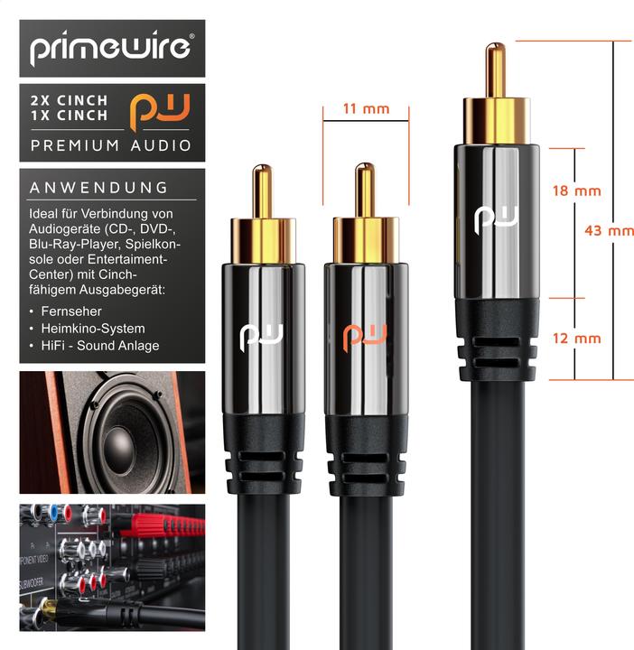 Produktbild Primewire Cinch Audio Kabel - Y-Cinch Koaxialkabel - Subwooferkabel - 1 Cinch-Stecker zu 2 Cinch-Stecker (7.50 m, Cinch Kabel)