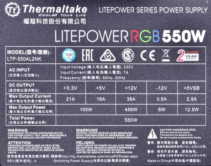 Nährwerte und Zutaten Thermaltake Litepower RGB (550 W)
