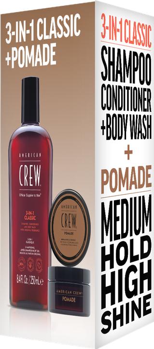 Immagine prodotto American Crew Set Duo Vacanze: Shampoo, Balsamo e Lavaggio Corpo Classico 3 in 1 250ml + Pomata 50g (Set per la cura dei capelli)