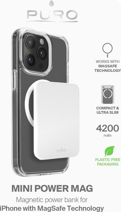 Image du produit Puro Power bank Mini Power Mag 4200 mAh USB-C in/out. Banque d'alimentation - Hvid - 4200 mAh (4200 mAh, 15 W, 15.54 Wh)