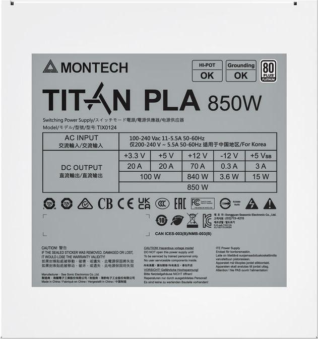 Actual product image Montech Titan PLA 850W - 80 PLUS & Cybenetics Platinum, modular, PCIe 5.1 - 850 Watt (850 W)