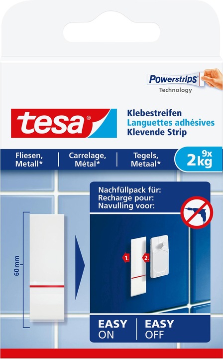 Actual product image tesa Powerstrips for tiles & metal, 2kg holding power, 9x double-sided adhesive strips