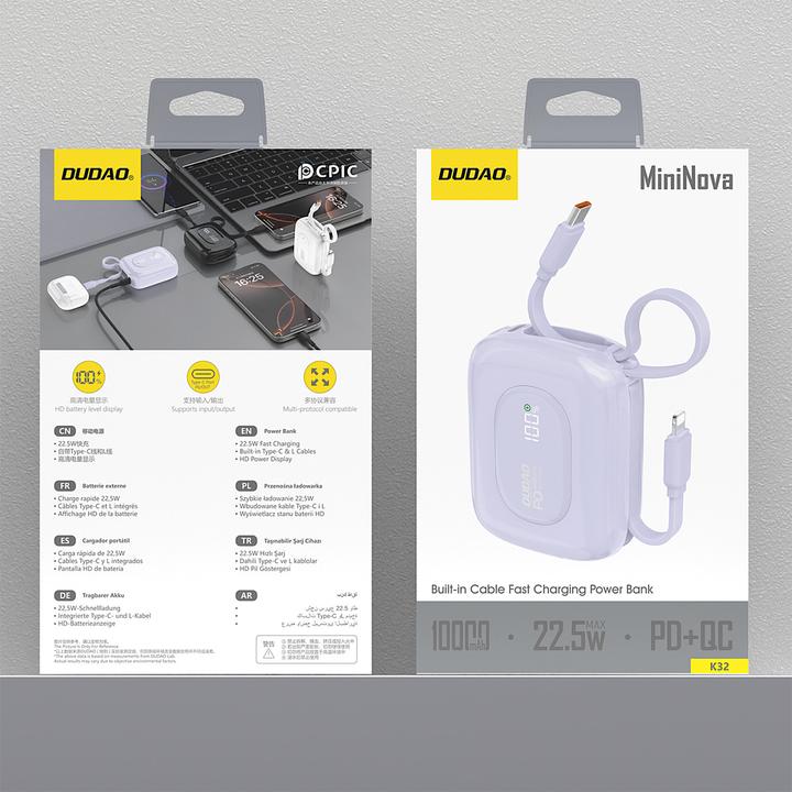 Produktbild Dudao K32 22,5 W 10000 mAh Powerbank mit integriertem USB-C/ Lightning Kabel - Lila (10000 mAh, 22.50 W, 38.50 Wh)