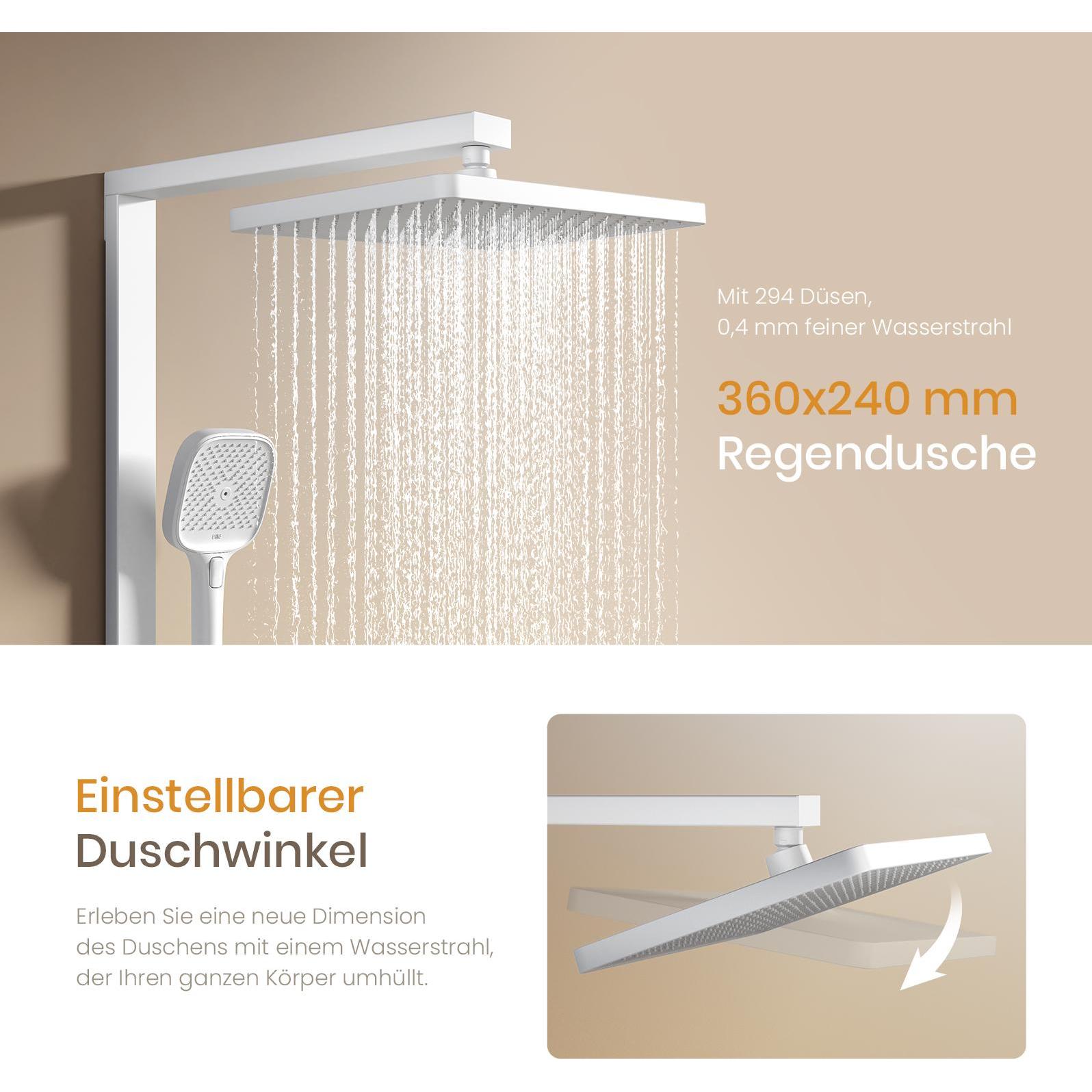 Thumbnail - Emke, Duschsystem, Duschsystem mit Thermostat Mattweiß Durchflussmenge einstellbar 4-Strahl-Handbrause inkl. Duschstang