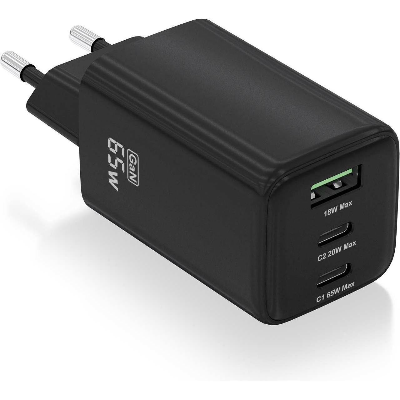 Aisens ASCH-65W3P042-BK (65 W, 2 porte), Caricatore USB, Nero
