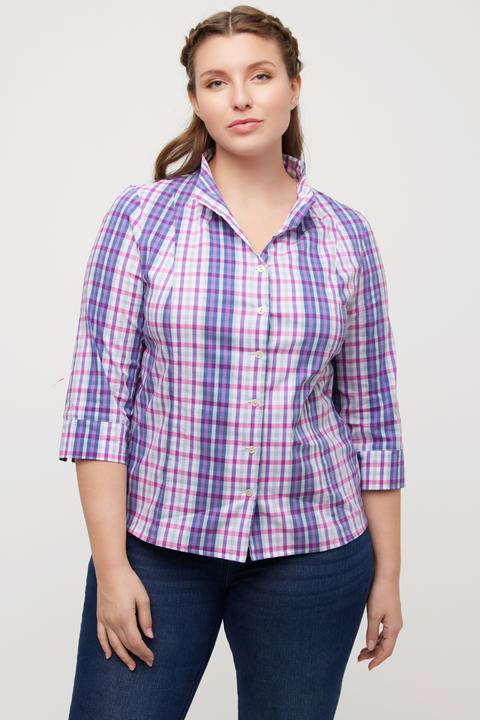 Produktbild Ulla Popken Bluse, Karo, Slim, Kelchkragen, V-Ausschnitt, 3/4-Arm (50, 52)