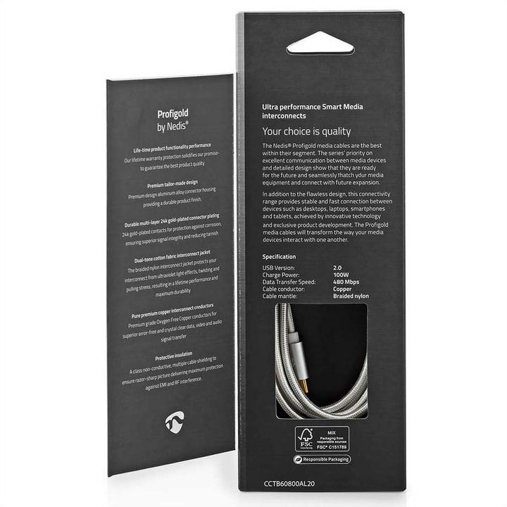 Actual product image Nedis USB cable USB 2.0 USB-C plug USB-C plug 100W 480 Mbps Gold-plated 2.00 m round Braided/N (2 m, USB 2.0, 100 W)