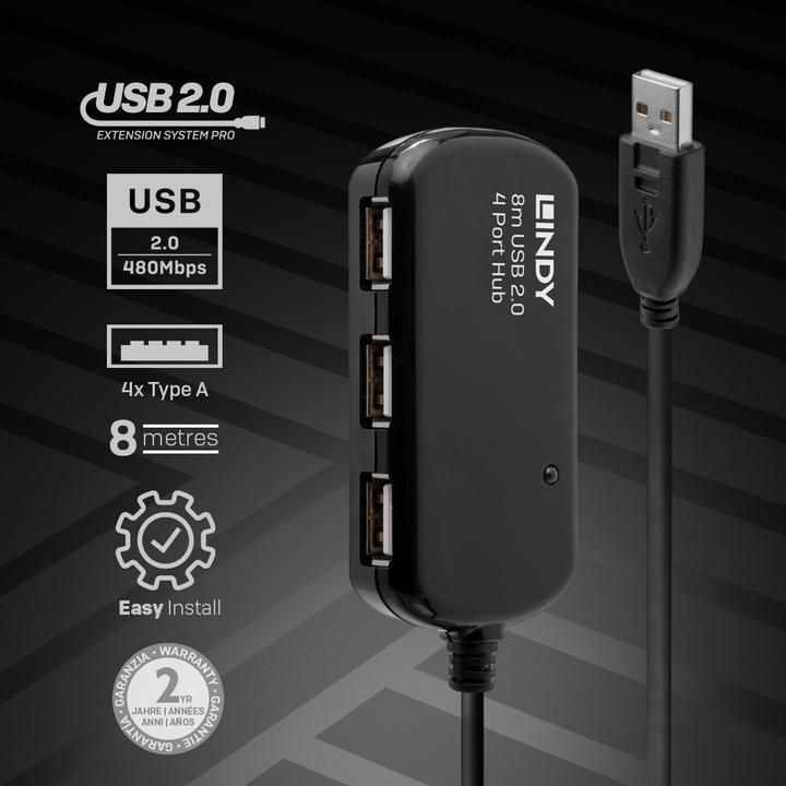 Produktbild Lindy USB 2.0 Aktiv-Verlaengerung Pro 8m inklusive 4 Port USB-Hub (USB-A, 4 Ports)