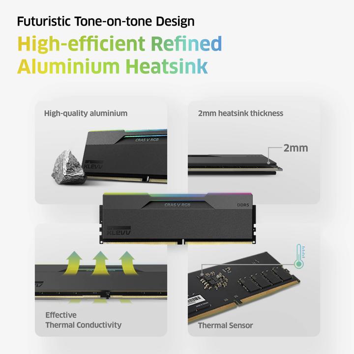 Produktbild Klevv 32GB (16GBx2) DDR5 CRAS V 6000MT/s Black Kit (2 x 16GB, 6000 MHz, DDR5-RAM, DIMM)