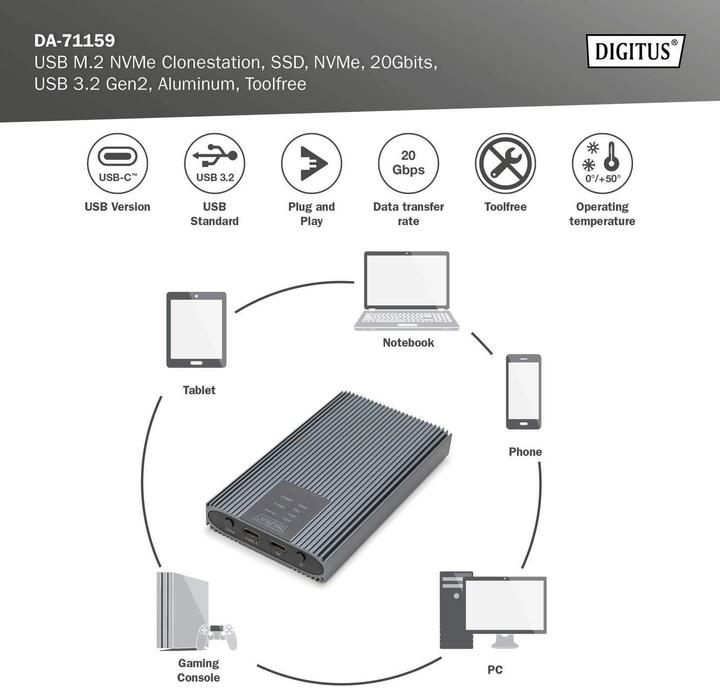 Produktbild Digitus USB M.2 NVMe Clonestation, SSD, NVMe, 20Gbits, USB 3.2 Gen2, Aluminium, toolfree (M.2 2230, M.2 2242, M.2 2260, M.2 2280)