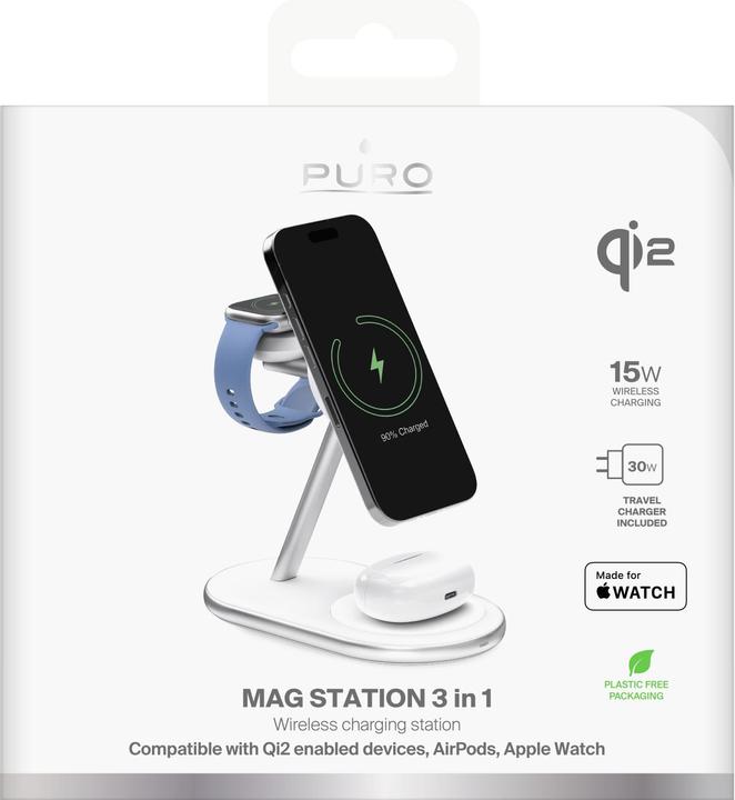 Actual product image Puro Mag Station Qi2 3-in-1 Kabelloses Ladegerät Kompatibel mit MagSafe - Weiss (30 W)
