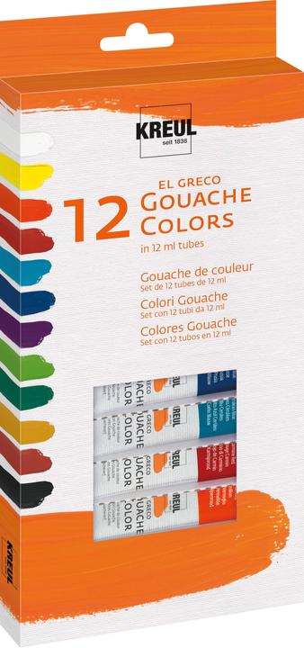 Produktbild Kreul el Greco Gouachefarben (Schwarz, Siena gebrannt, Coelinblau, Ockergelb, Chromoxidgrün, Brillantviolett, Zinnengelb, Karminrot, Preussischblau, Hellgrün, Titanweiss, Zitronengelb, 144 ml)