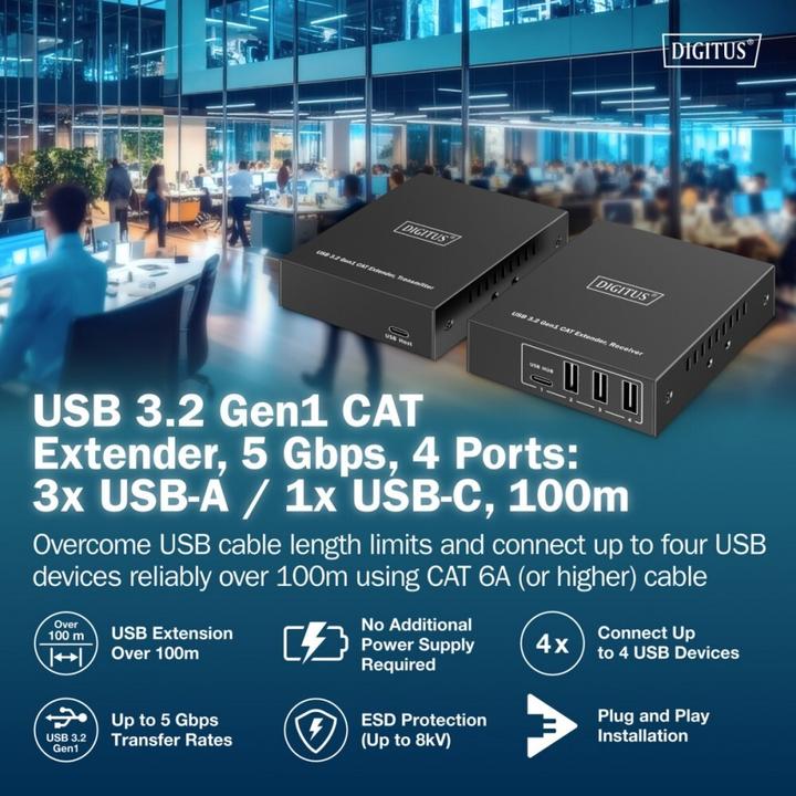 Image du produit Digitus CAT Extender USB 3.2 Gen1, 5 Gbps, 4 ports : 3x USB-A / 1x USB-C, 100m