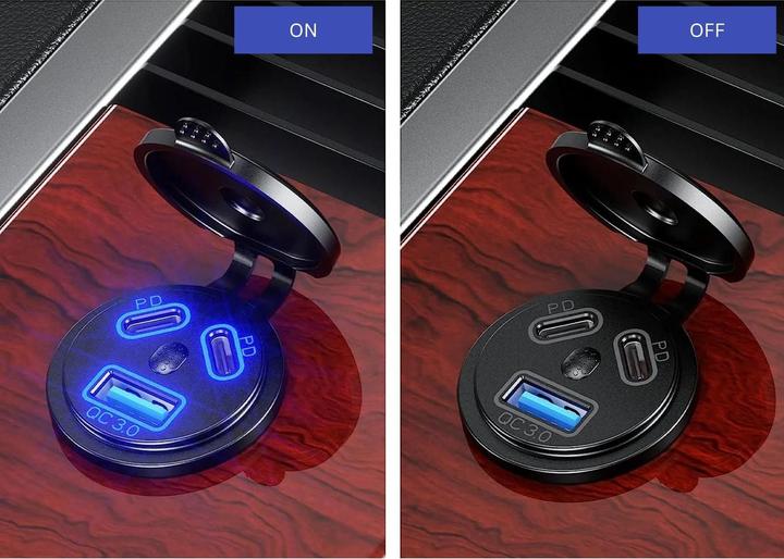 Produktbild Daier USB Einbaubuchse | 1 x USB-A, 2 x USB-C PD | Quick Charge 3.0 mit On-/Off-Schalter & Status-LED