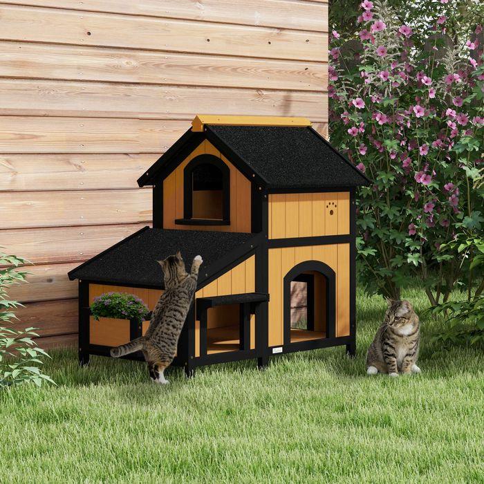 Produktbild Swisshandel24 Katzenhaus Holz, 2 Etagen, Winterfest, Gelb, 96x65x85,5 cm (Katze)