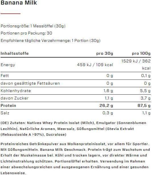 Nutritional values and ingredients Vast Sports AWhey - 100% Whey Protein Isolate, 900 g can (Banana Milk, 1 x, 900 g)