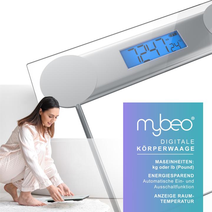 Actual product image Mybeo Digitale Waage für Personen, grosse Trittfläche aus 6mm Sicherheitsglas, Digitalwaage, Personenwaage (180 kg)