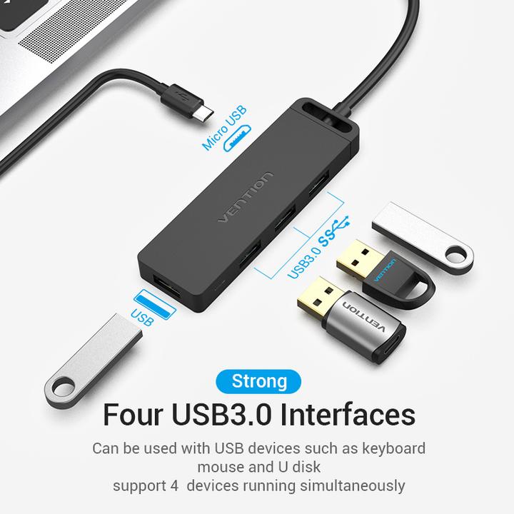 Produktbild Vention USB-C to USB3.0 x 4 Hub with Power Supply Juodas 0.15m (USB-C, 4 Ports)