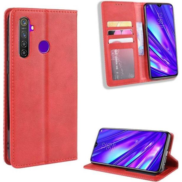 Thumbnail - MU Classic Retro Leder Bookcover Series (Oppo Realme 5 Pro), Smartphone Hülle, Rot