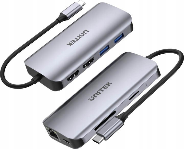 Actual product image Unitek AKTYWNY HUB USB-C 2X HDMI CZYTNIK SD 4K RJ-45 PD 100W 5 GBPS (USB-C, 8 Ports)