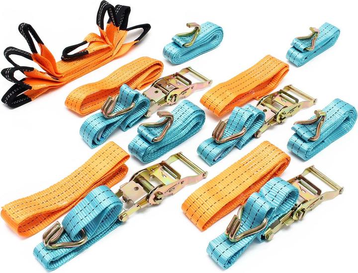 Wiltec Ratchet Tie Down Strap Set of 4 Straps for Transport with Double J Hook 50mmx3.5m, 300daN