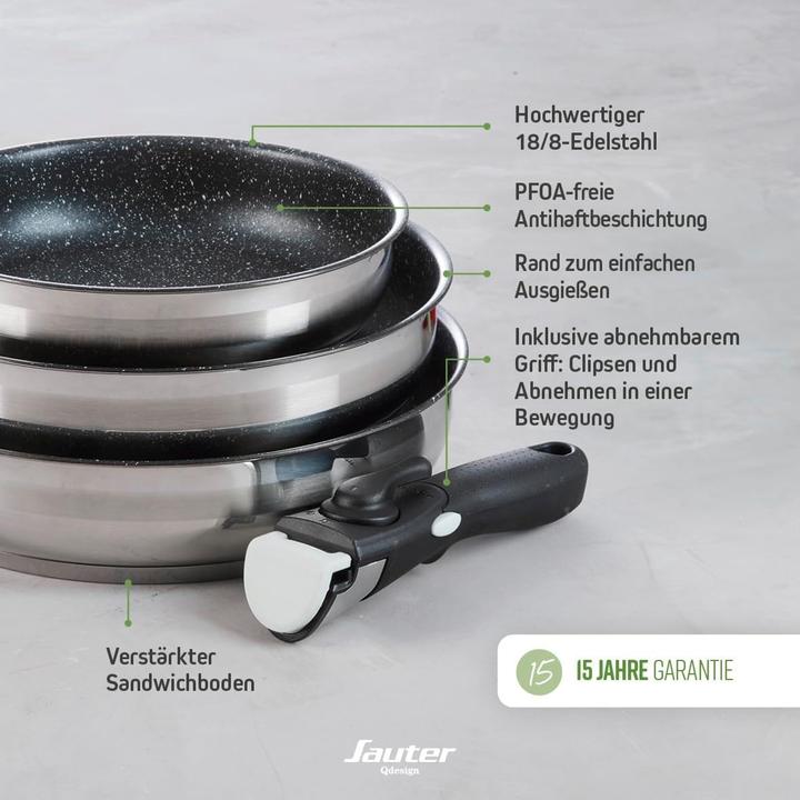 Produktbild Qdesign 10-teiliges Induktionskochgeschirr-Set mit Antihaftbeschichtung und abnehmbaren Griffen (Pfannenset + Topfset, Edelstahl)