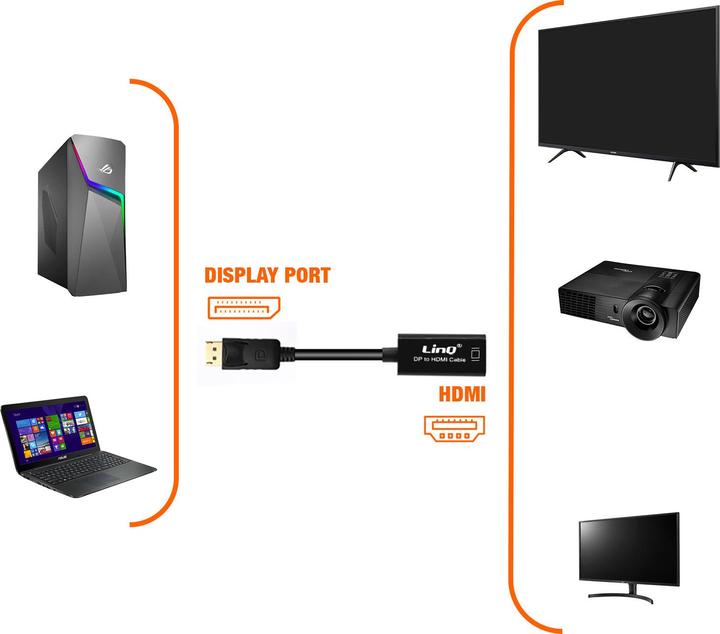 Image du produit LinQ Adaptateur de port DisplayPort / HDMI / câble vidéo, 23cm de câble, - Noir (HDMI, 15 cm)