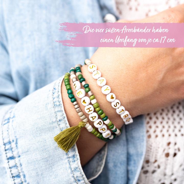 Image du produit Papierdrachen 4 Perlenarmbänder – BE HAPPY und STAY STRONG (Matières plastiques, Tissu, Caoutchouc)
