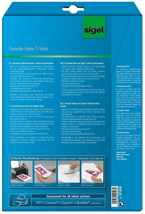 Produktbild Sigel InkJet Transfer Folien für T-Shirts (197 g/m², 3x)