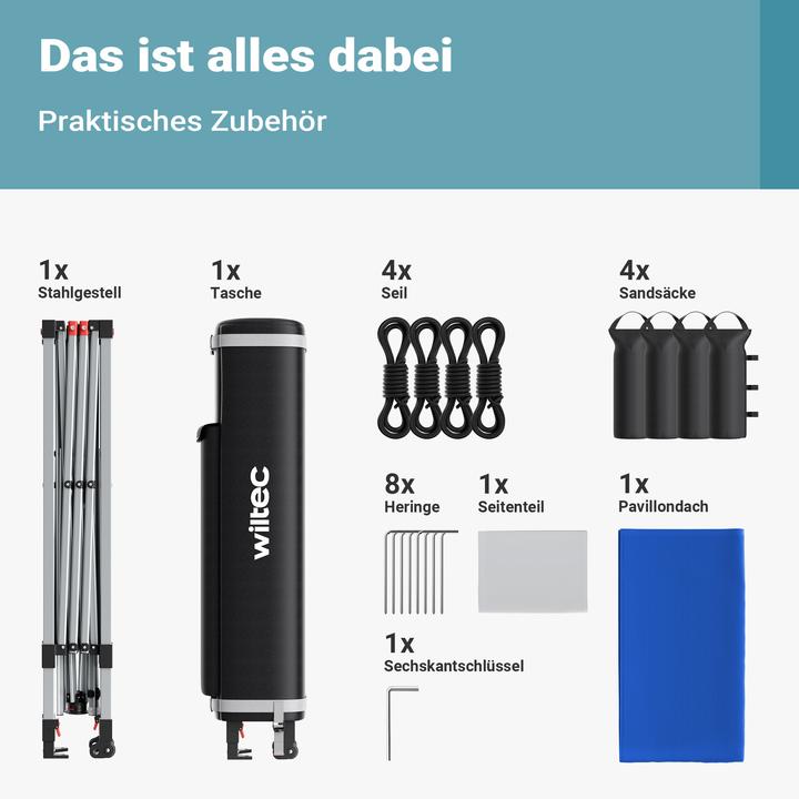 Produktbild Wiltec Pop up Pavillon 3x3m blau Seitenteil Räder Gartenpavillon Faltpavillon (300 cm, 300 cm)