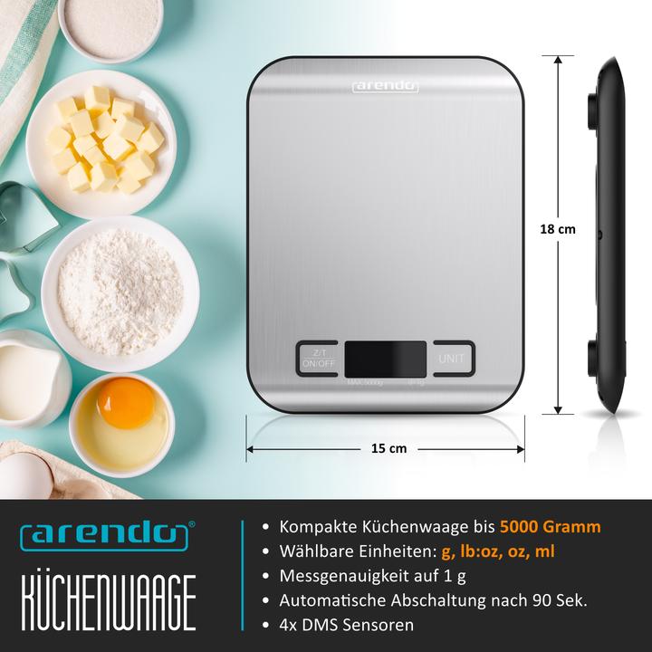 Produktbild Arendo Digitale Lebensmittelwaage bis 5 kg aus Edelstahl, Messgenauigkeit 1g, Tara-Funktion, Display