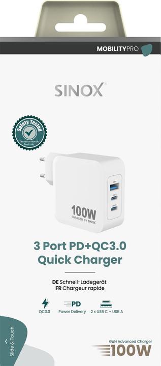 Immagine prodotto Sinox PRO 230V 2xUSB-C 1xUSB-A PD oplader 100W. Hvid (100 W)