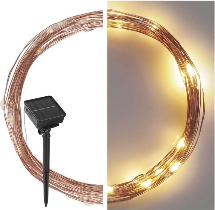 Produktbild Emos LED-Nanokette mit Solarpanel, kupferfarben, 12 m, Aussen und Innen, warm-weiss, Timer (12 m)