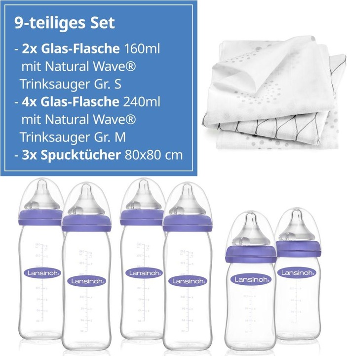 Produktbild Lansinoh Babyflaschen 9-tlg. Glas-Flaschen-Set mit NaturalWave® (240 ml)
