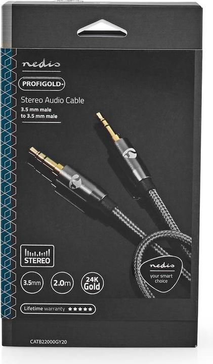 Actual product image Nedis Stereo audio cable - 3.5 mm plug - gold plated - 2 m - round - PVC - anthracite/grey (2 m, 3.5mm jack (AUX))