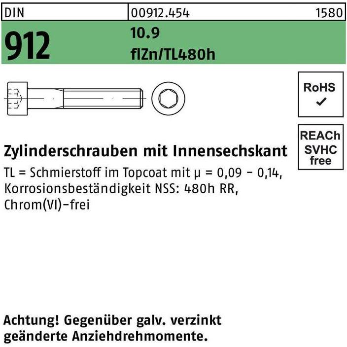 Reyher, Schrauben, Zylinderschraube DIN 912 m.Innensechskant M 12 x 60 10.9 zinkbesch Gleitmittel flZnnc 480h-L (100 Sch...