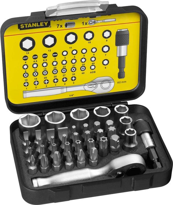 Actual product image Stanley 1/4" bit set, 25mm, with mini reversible ratchet and sockets, 39 pieces