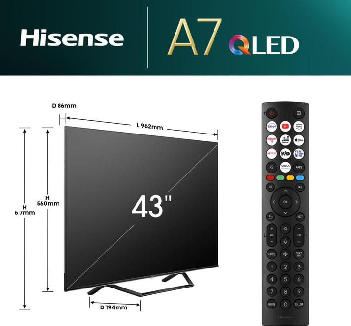 Image du produit Hisense TV 43A7NQ (43", QLED, DHU, 2024)