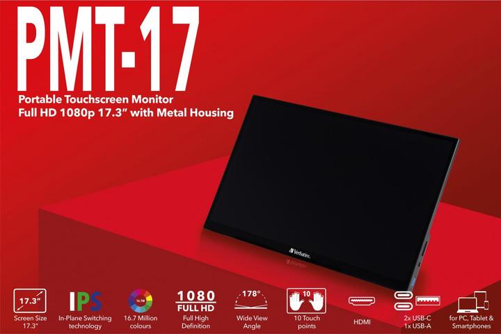 Produktbild Verbatim PMT-17 Portable Touchscreen Monitor 17.3" Full HD 1080p Metal Housing (17.30")