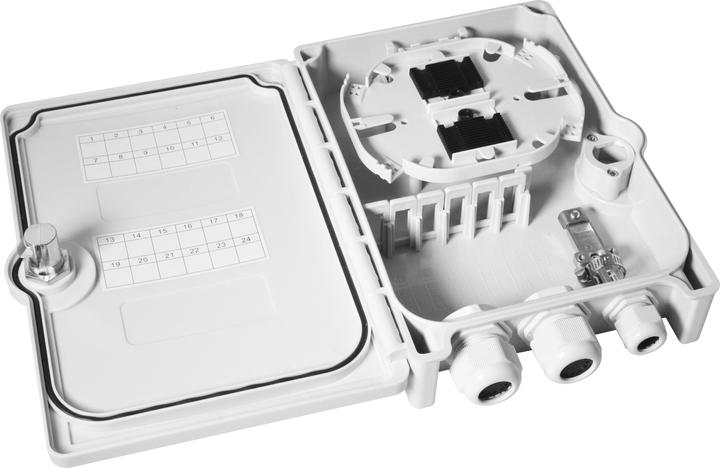 Produktbild Helos FTTH-Hausanschlussbox für max. 24 Fasern, 6x LC/QD oder SC/DX (Spleissbox)