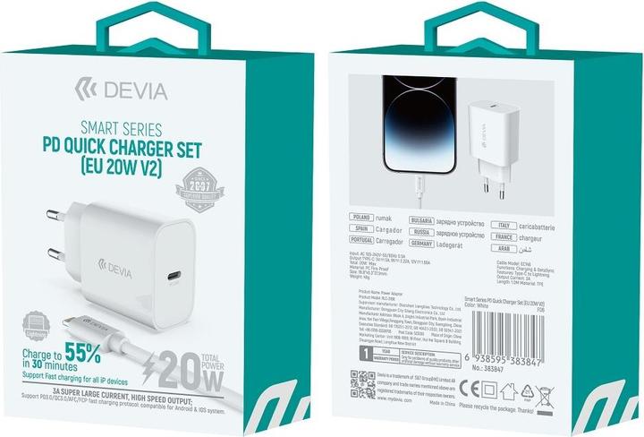 Actual product image Devia wall charger Smart PD 20W 1x USB-C white + Lightning - USB-C cable V2 (20 W, 1 portion)
