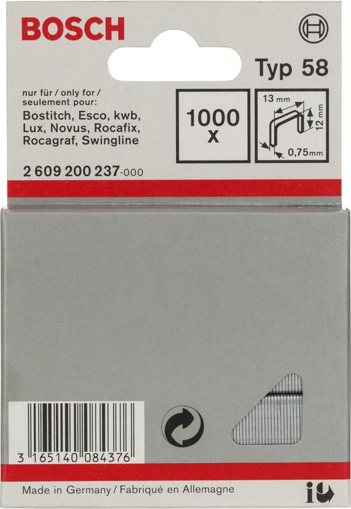 Produktbild Bosch Professional Zubehör Feindrahtklammer Typ 58, 13 x 0,75 x 12 mm, 1000er-Pack